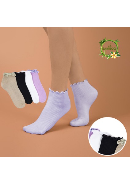 Miss Lana Kadın Bambu Çorap (4 Çift) Renkli Fırfırlı Patik Kadın Çorap