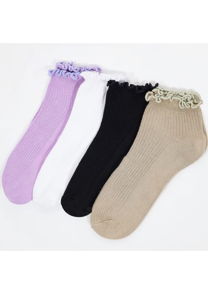 Miss Lana Kadın Bambu Çorap (4 Çift) Renkli Fırfırlı Patik Kadın Çorap