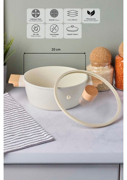Cookwood Beige Indüksiyon Tabanlı Ahşap Kulplu Kapaklı Seramik Derin Tencere 20 cm fiyatları