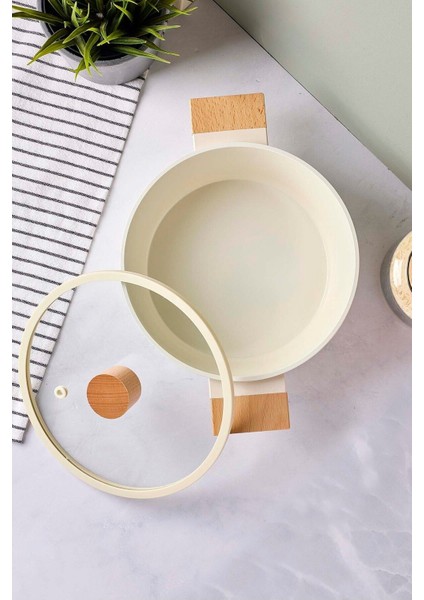 Cookwood Beige Indüksiyon Tabanlı Ahşap Kulplu Kapaklı Seramik Derin Tencere 20 cm modelleri