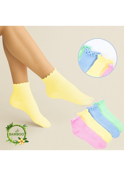 Miss Lana Kadın Bambu Çorap (4 Çift) Renkli Fırfırlı Patik Kadın Çorap