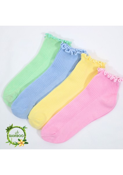 Miss Lana Kadın Bambu Çorap (4 Çift) Renkli Fırfırlı Patik Kadın Çorap