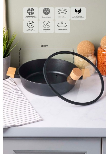 Cookwood Black Indüksiyon Tabanlı Ahşap Kulplu Kapaklı Seramik Basık Tencere 28 cm fiyatları