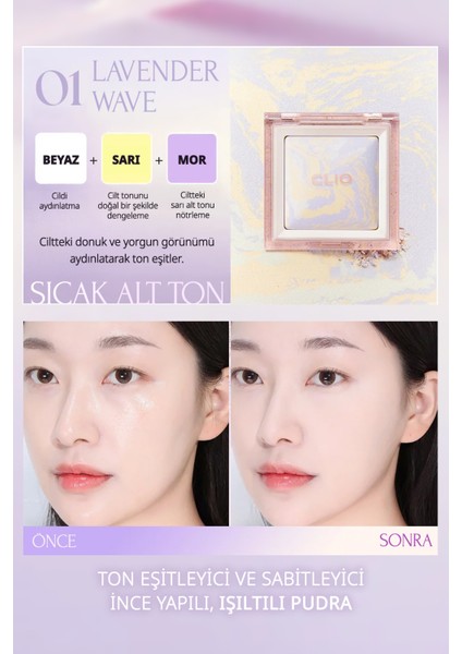 Ton Eşitleyici & Sabitleyici, Ince Yapılı, Işıltılı Pudra Clıo Light Setting Powder 01 Lavender Wave fiyatları