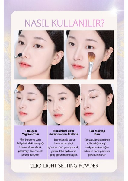 Ton Eşitleyici & Sabitleyici, Ince Yapılı, Işıltılı Pudra Clıo Light Setting Powder 01 Lavender Wave