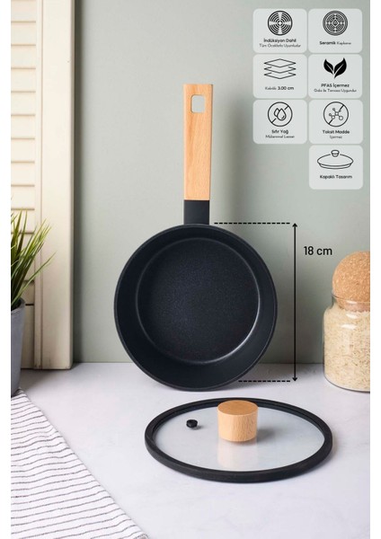 Cookwood Black Indüksiyon Tabanlı Ahşap Saplı Kapaklı Seramik Tencere 18 cm fiyatları