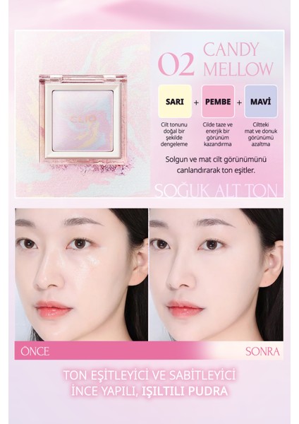 Ton Eşitleyici & Sabitleyici, Ince Yapılı, Işıltılı Pudra Clıo Light Setting Powder 02 Candy Mellow fiyatları