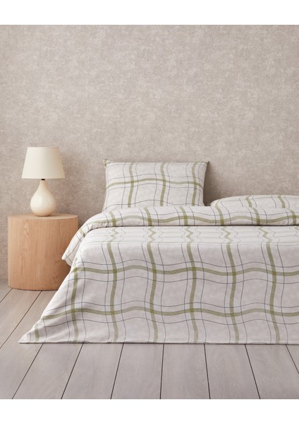 Wave Check Kolay Ütülenir Çift Kişilik Nevresim Takımı 200X220 cm Açık Yeşil-Bej
