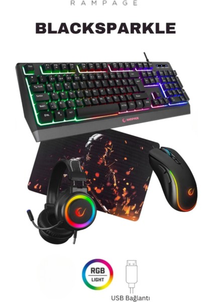 Blacksparkle Gaming Combo Oyuncu Klavye Mouse Kulaklık Mousepad Set (Rampage Türkiye Garantili)