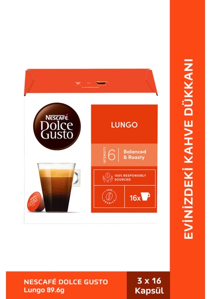 Dolce Gusto Lungo Kapsül Kahve %100 Arabica - Zengin Aroma, Dolce Gusto Makineleriyle Uyumlu, 16 Adet indirimleri
