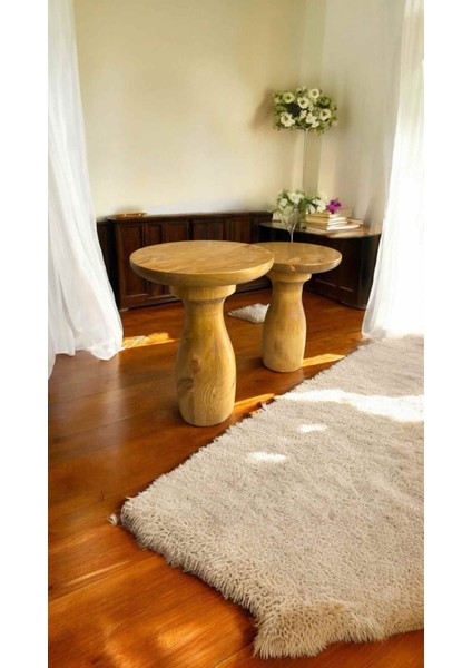 Masif Ahşap Yan Sehpa Seti – 2’li Tütün Renk Doğal Zigon Fiskos Takımı