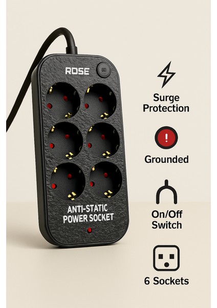 6’lı /2metre Akım Korumalı Priz Topraklamalı Çocuk Korumalı Anahtarlı Anti-Statik