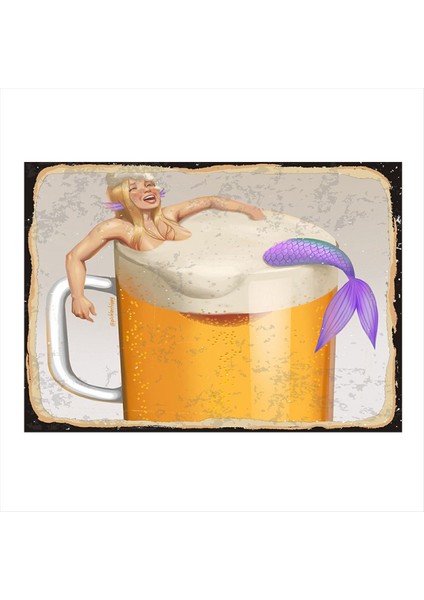 Bira ve Deniz Kızı Dekoratif Ahşap Tablo 25 cm x 35 cm