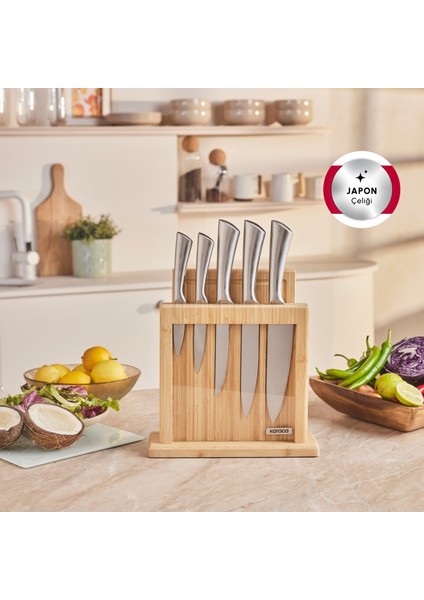 Samuray Nagoya Vigor Japon Çeliği Standlı 7 Parça Bıçak Seti ve Kesme Tahtası