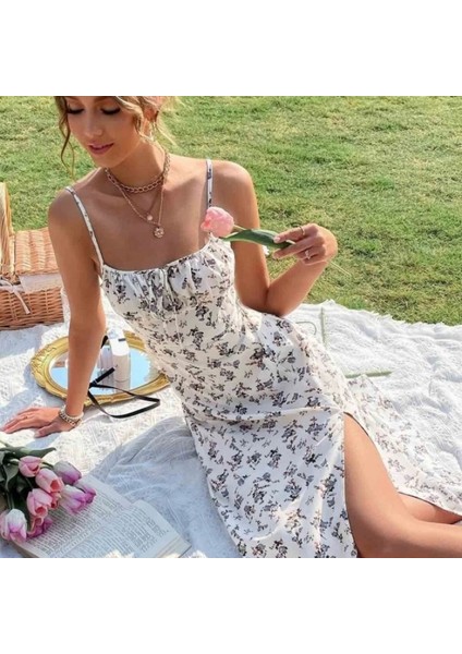 Kadın Ip Askılı Yakadan Bağcıklı Desenli Süprem Elbise