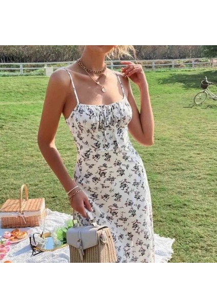 Kadın Ip Askılı Yakadan Bağcıklı Desenli Süprem Elbise fırsatları