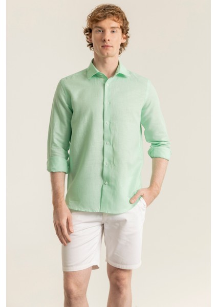 Erkek Mint Yeşil %100 Keten Modern Fit Cepsiz Gömlek