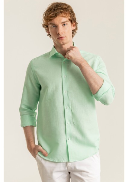 Erkek Mint Yeşil %100 Keten Modern Fit Cepsiz Gömlek fiyatları