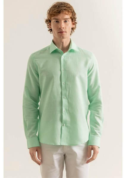 Erkek Mint Yeşil %100 Keten Modern Fit Cepsiz Gömlek fırsatları