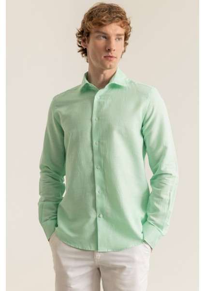 Erkek Mint Yeşil %100 Keten Modern Fit Cepsiz Gömlek indirimleri