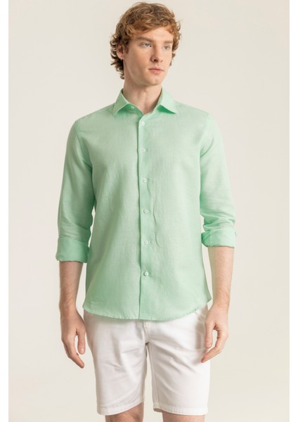 Erkek Mint Yeşil %100 Keten Modern Fit Cepsiz Gömlek