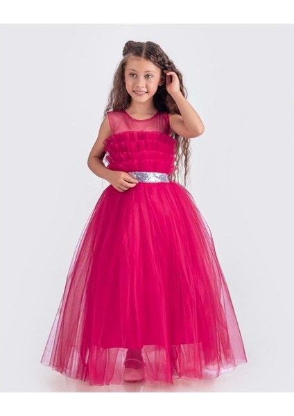 Sapes Model Sırt Gipeli Tüllü Kız Çocuk Askılı Saten Abiye MNK0618