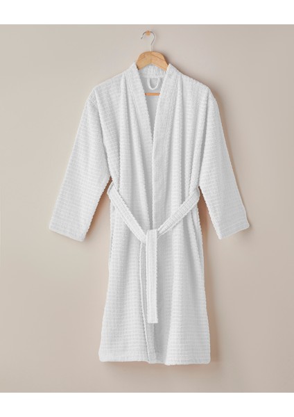 Chequer Pamuk Bornoz S-M Beyaz