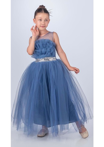 Sapes Model Sırt Gipeli Tüllü Kız Çocuk Askılı Saten Abiye MNK0618