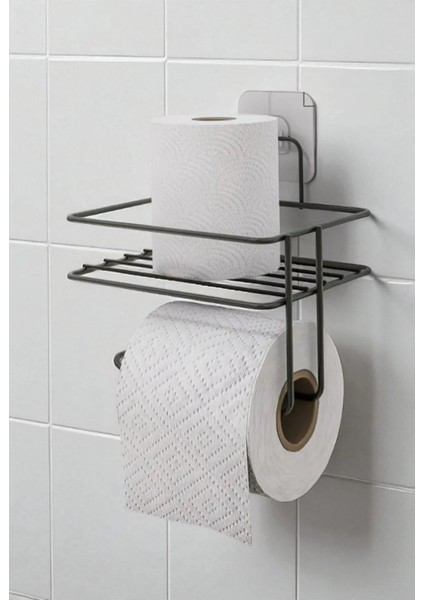 Yapışkanlı Yedekli Siyah Tuvalet Kağıdı Askısı, Kolay Montajlı Wc Kağıtlığı