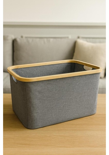 Ahşap Çerçeveli Büyük Boy Kumaş Dikdörtgen Çamaşır Sepeti