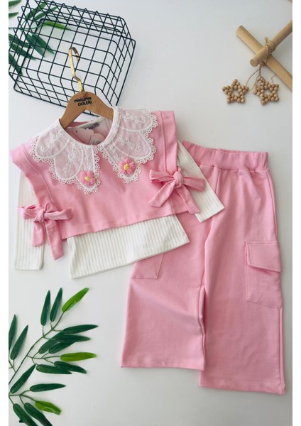 Papatya Örgü Detaylı 3 Lü Kız çocuk takım - Pembe