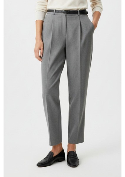 Antrasit Pileli Kemerli Kadın Kumaş Pantolon 8120A