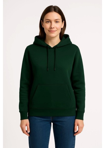 Kadın Üç Iplik Kapüşonlu Kanguru Çepli Sweatshirt Hoodie - Haki modelleri