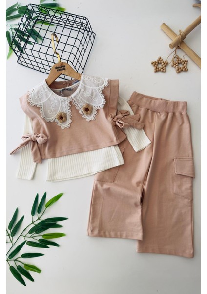 Papatya Örgü Detaylı 3 Lü Kız çocuk takım - Kahve