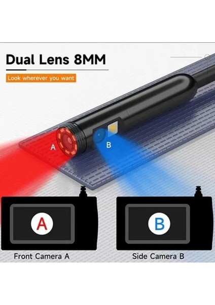 Ekranlı Çift Kameralı 30 Metre Sert Kablo Yılan Endoskop Kamera 8 mm 4.3 Inc modelleri