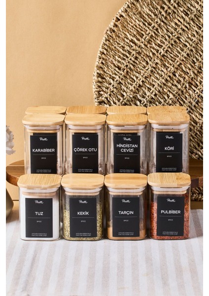 Gildo 12'li Bambu Kapak Borosilikat Cam Baharatlık 200 ml 8x6 cm 30 Adet Etiket Hediyeli