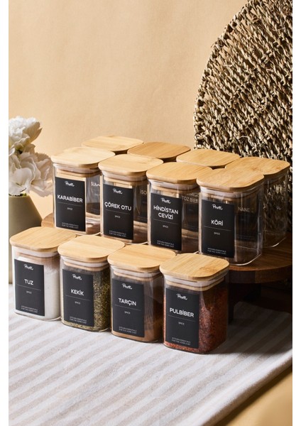 Gildo 12'li Bambu Kapak Borosilikat Cam Baharatlık 200 ml 8x6 cm 30 Adet Etiket Hediyeli modelleri