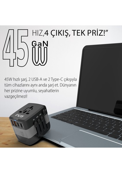 IPW-45SA 45W Pd Hızlı Şarjlı Universal Seyahat Adaptörü | 150+ Ülke Uyumu | Usb-C & Usb-A Çoklu Çıkış | Macbook, Iphone, Ipad, Android ve Dizüstü Cihazlarla Uyumlu | Otomatik Sigorta indirimleri