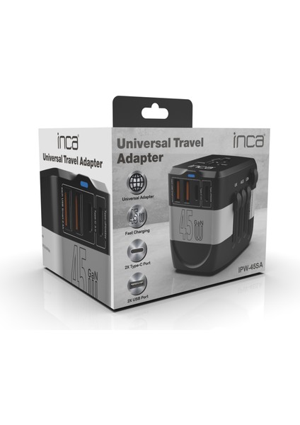 IPW-45SA 45W Pd Hızlı Şarjlı Universal Seyahat Adaptörü | 150+ Ülke Uyumu | Usb-C & Usb-A Çoklu Çıkış | Macbook, Iphone, Ipad, Android ve Dizüstü Cihazlarla Uyumlu | Otomatik Sigorta