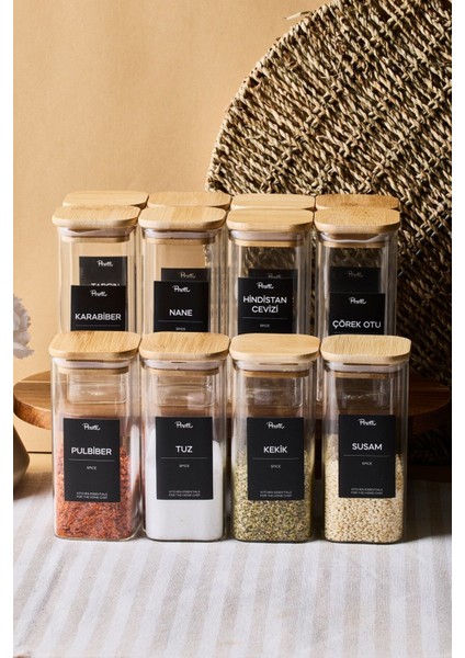 Gildo 12'li Bambu Kapak Borosilikat Cam Baharatlık 400 ml 13X6 cm 30 Adet Etiket Hediyeli