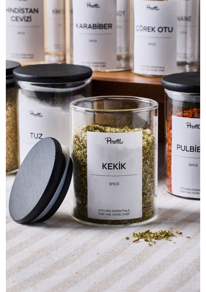 Riga 12'li Siyah Ahşap Kapak Borosilikat Cam Baharatlık 200 ml 8x6 cm 30 Adet Etiket Hediyeli fiyatları