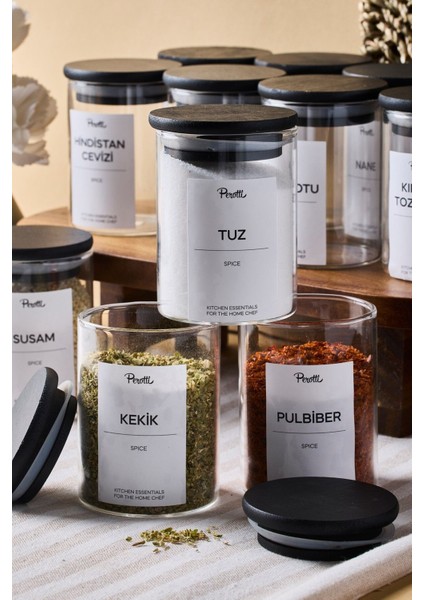 Riga 12'li Siyah Ahşap Kapak Borosilikat Cam Baharatlık 200 ml 8x6 cm 30 Adet Etiket Hediyeli fırsatları