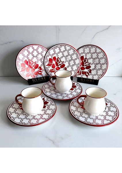 Kırmızı Beyaz Desenli Porselen 6 Kişilik Türk Kahvesi Fincan Takımı