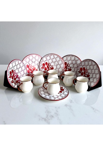 Kırmızı Beyaz Desenli Porselen 6 Kişilik Türk Kahvesi Fincan Takımı fiyatları