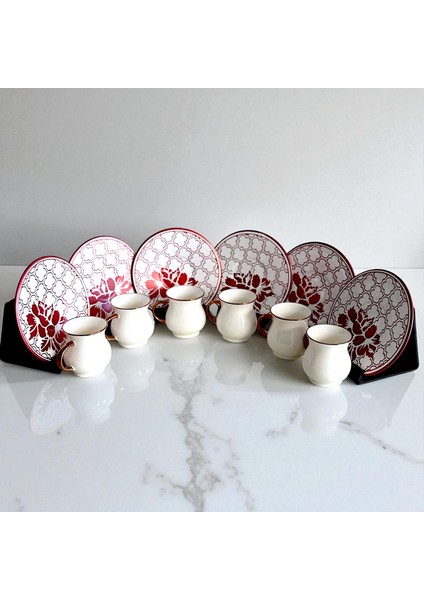 Kırmızı Beyaz Desenli Porselen 6 Kişilik Türk Kahvesi Fincan Takımı modelleri