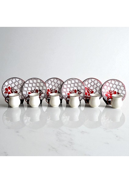 Kırmızı Beyaz Desenli Porselen 6 Kişilik Türk Kahvesi Fincan Takımı fırsatları