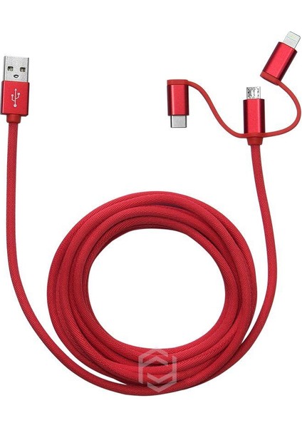 FA-7558UC 3mt Örgülü USB Data - Şarj Kablo 3in1 (iOS-Android-Type-C) Kırmızı