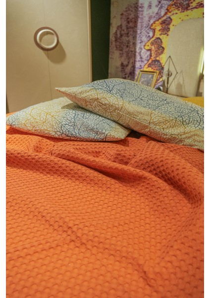 Premium %100 Pamuk Çift Kişilik Yazlık Pike, Yatak Örtüsü,terletmez Kumaş(Turuncu RENK)(240X200CM) fırsatları