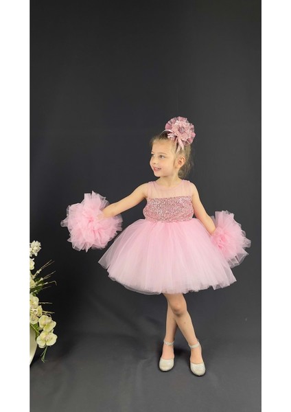 Şifon Robalı Ponpon Kol Pul Payetli Kız Çocuk Kabarık Etek Tütülü Abiye fırsatları