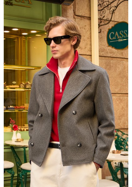 Erkek Kruvaze Kaşe Mont Ceket Gri